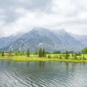 Landscape of Lake Almsee on a rainy day in spring