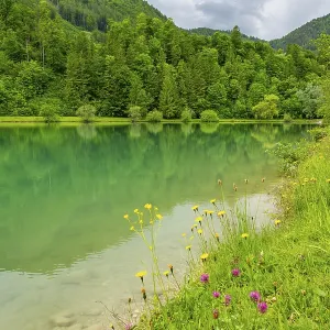 Landscape of Lake Elisabethsee on a rainy day in spring