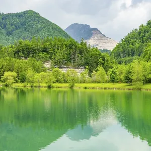 Landscape of Lake Elisabethsee on a rainy day in spring