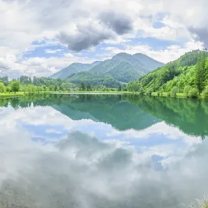 Landscape of Lake Elisabethsee on a rainy day in spring