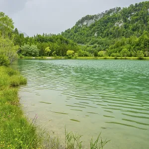 Landscape of Lake Elisabethsee on a rainy day in spring