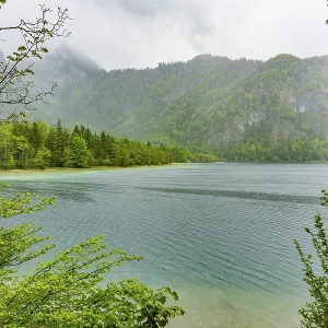 Landscape of Lake Offensee on a rainy day in spring