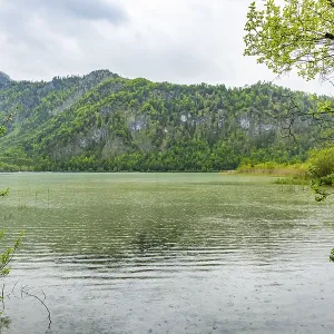 Landscape of Lake Offensee on a rainy day in spring