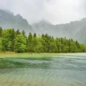 Landscape of Lake Offensee on a rainy day in spring