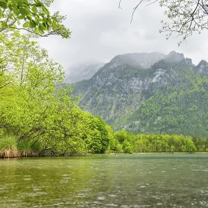 Landscape of Lake Offensee on a rainy day in spring