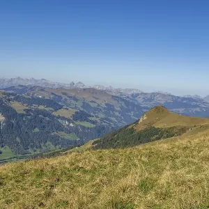 Landscape photograph of mountains and valleys in the Alps on a clear