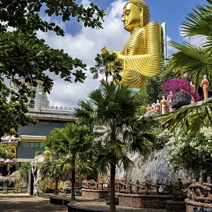 Large golden Buddha statue outdoors surrounded by trees and other sculptures under a blue sky Large golden Buddha statue outdoors surrounded by trees and other sculptures under a blue sky