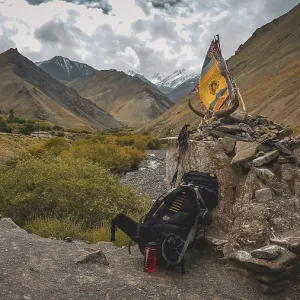 Large Hiking Backpack at Ladakh's Stok La, Himalayas Print