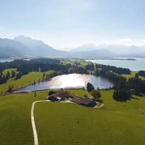 Large-scale view of hilly, wooded landscape with Hegratsried Lake and mountains