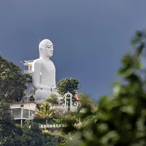 Large white Buddha statue on a hill surrounded by lush nature under blue sky