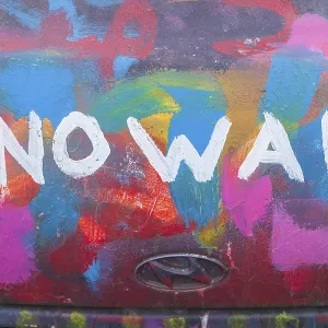 Colourful Vintage Car Print: No War, kein Krieg Lettering Colourful Vintage Car Print: No War, kein Krieg Lettering