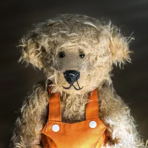 Light brown teddy bear, with orange overalls