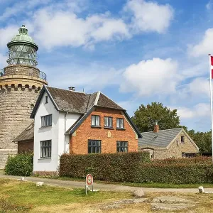 Lighthouse Hammeren Fyr, Danish flag Lighthouse Hammeren Fyr, Danish flag