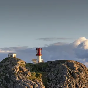 Lindesnes lighthouse on rock, southernmost point of Norway