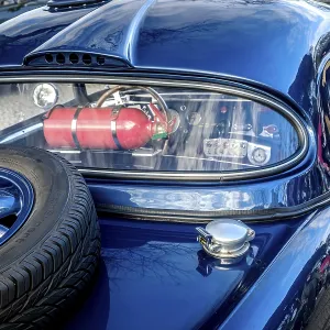 Lisbon, Portugal, Jan 20, 2024: Rear view of blue vintage sports car