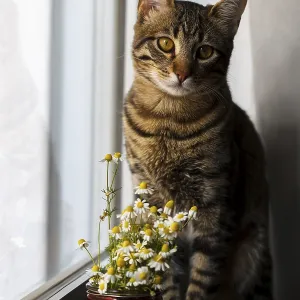 Little Bengal cat with a bouquet of daisies sitting on a windowsill