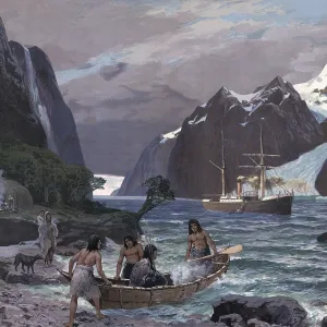 Locals with a boat and a steamer on their way through the Strait of Magellan