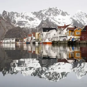 The Lofoten mountains being reflected in the water of the harbour of Henningsvaer