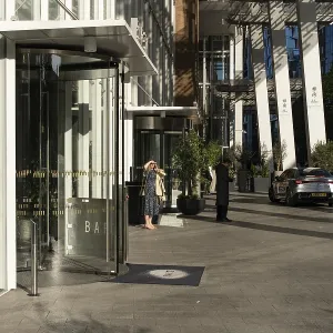 London, United Kingdom - 16 May 2025: Street level view of the Shangri-La hotel main entrance in The Shard building