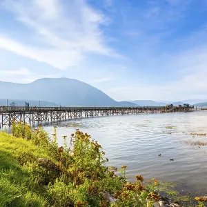 Long wooden pier stretching into the calm waters of shuswap lake Long wooden pier stretching into the calm waters of shuswap lake