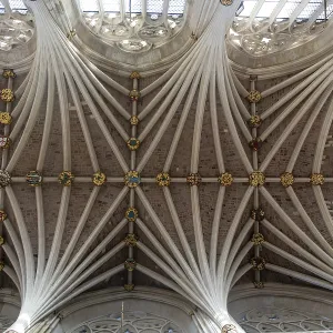 Looking up at vaulted ribbed ceiling inside Exeter cathedral church Looking up at vaulted ribbed ceiling inside Exeter cathedral church