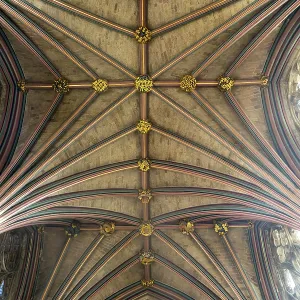 Looking up at vaulted ribbed ceiling inside Exeter cathedral church Looking up at vaulted ribbed ceiling inside Exeter cathedral church