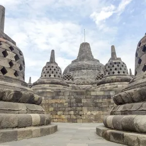 Lots of stupas at a temple named Borobudur located in Java