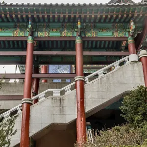 Low angle view of concrete staircase and pavilion at Buddhist temple in South Korea