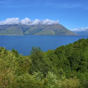 Lush green landscape with mountains in the background and a blue lake