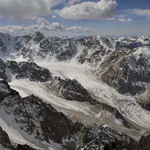 Majestic mountain peaks and glaciers in Tian Shan mountain range in Kyrgyzstan