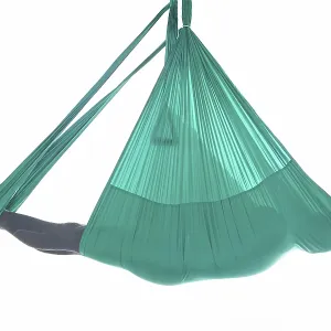 Male person do hammock yoga class exercise