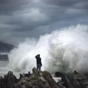 Man on rock in front of breaking wave