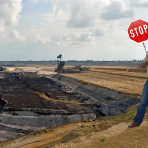 Man Standing at Open Pit Mine, Grevenbroich Print Man Standing at Open Pit Mine, Grevenbroich Print