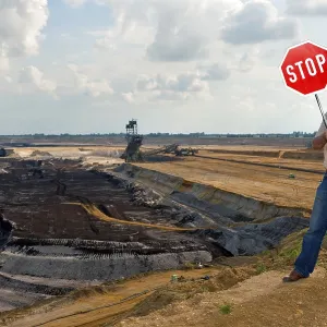 Man Standing at Open Pit Mine, Grevenbroich Print Man Standing at Open Pit Mine, Grevenbroich Print