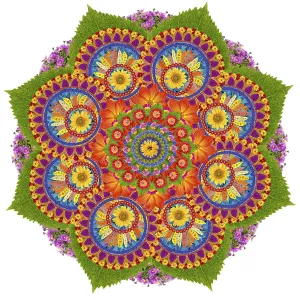 Mandala sign and symbol- the Sacred Lotus- made from vivid summer flowers and plants Mandala sign and symbol- the Sacred Lotus- made from vivid summer flowers and plants