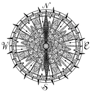 Mandala style illustration of a vintage compass with needle pointing to North and South on isolated background Mandala style illustration of a vintage compass with needle pointing to North and South on isolated background