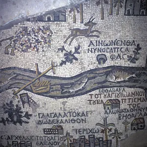 Map of Palestine in St. George Church (Jordan with bridge and fish) Map of Palestine in St. George Church (Jordan with bridge and fish)