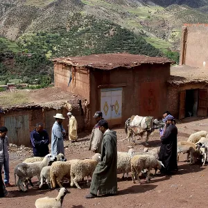 Market day in Achaouikh with people and sheep in front of picturesque mountain scenery