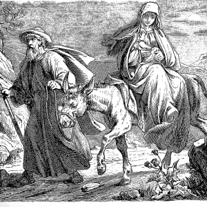 Mary and Joseph flee to Egypt with baby Jesus, 1877 Print Mary and Joseph flee to Egypt with baby Jesus, 1877 Print