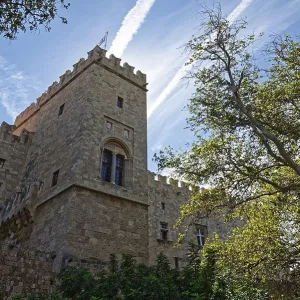 Medieval castle with stone towers under a clear sky and surrounded by trees