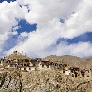 Meditation cells of Lamayuru Buddhist Monastery rising above mass of eroded cliffs on Leh Kargil road