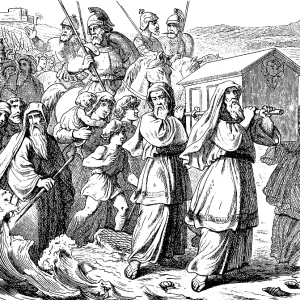 Twelve men carry the Ark of the Covenant through the Jordan Twelve stones