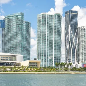 Miami, USA - September 11, 2019: American Airlines arena in downtown Miami Miami, USA - September 11, 2019: American Airlines arena in downtown Miami
