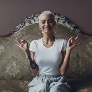 Millenial young woman with short blonde hair portrait sitting and meditate with ok sign mudra on vintage sofa indoors