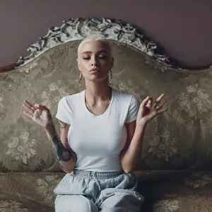 Millenial young woman with short blonde hair portrait sitting and meditate with ok sign mudra on vintage sofa