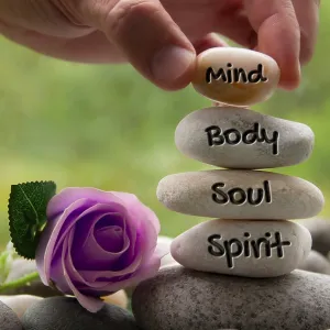 Mind, Body, Soul and Spirit words engraved on zen stones with rose flower