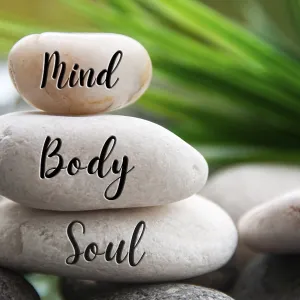 Mind, Body and Soul words engraved on zen stones with space for text