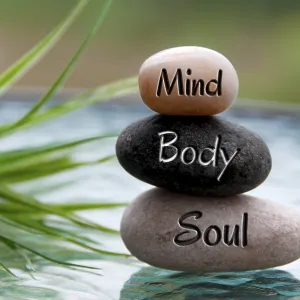 Mind, Body and Soul words engraved on zen stones with space for text