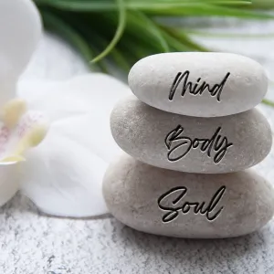 Mind, Body and Soul words engraved on zen stones with space for text