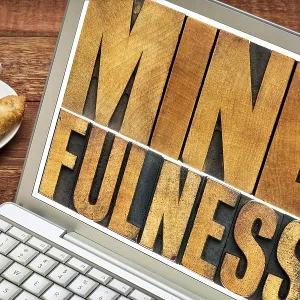 Mindfulness word typography - isolated text in letterpress wood type on a laptop screen - spiritual concept Mindfulness word typography - isolated text in letterpress wood type on a laptop screen - spiritual concept